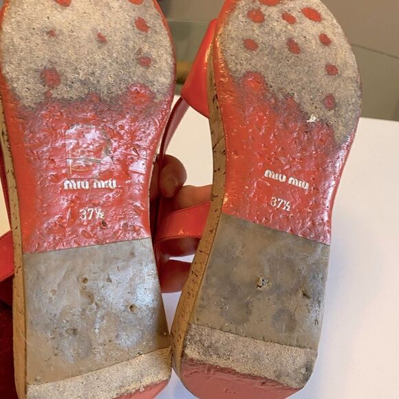 Miu Miu Coral Patent Leather Cork Platform Sandals EU 37.5 Slingback Peep Toe - Picture 10 of 11